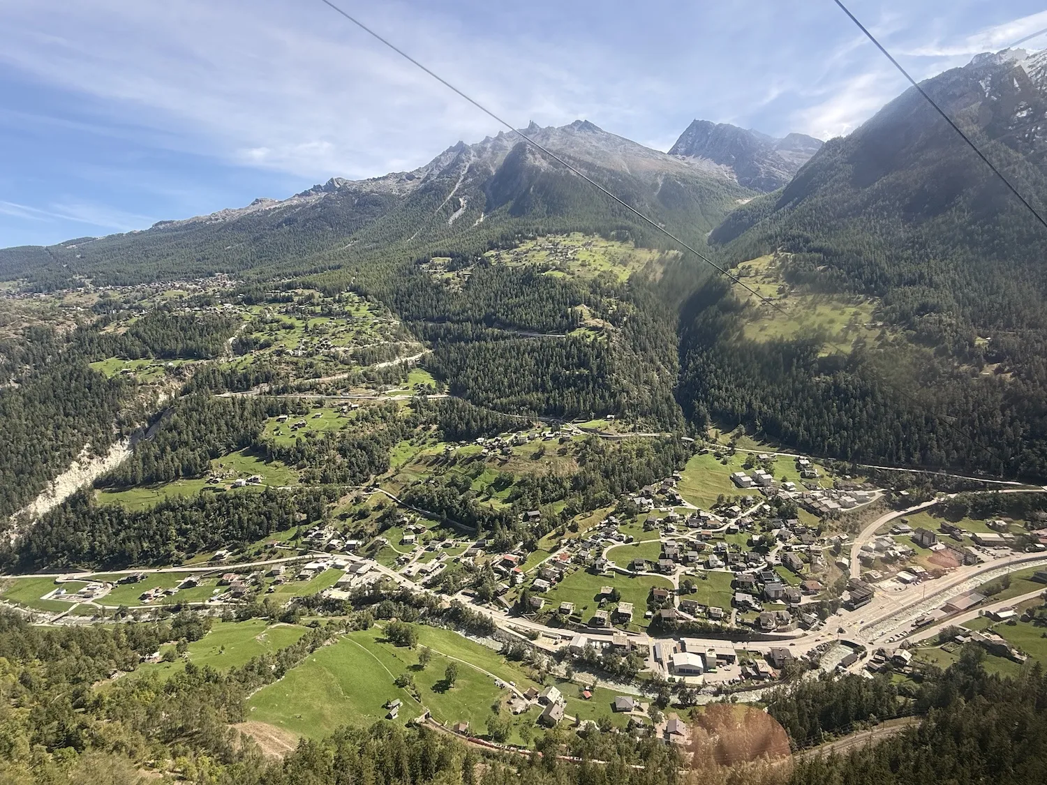 View of small town from a gondola
