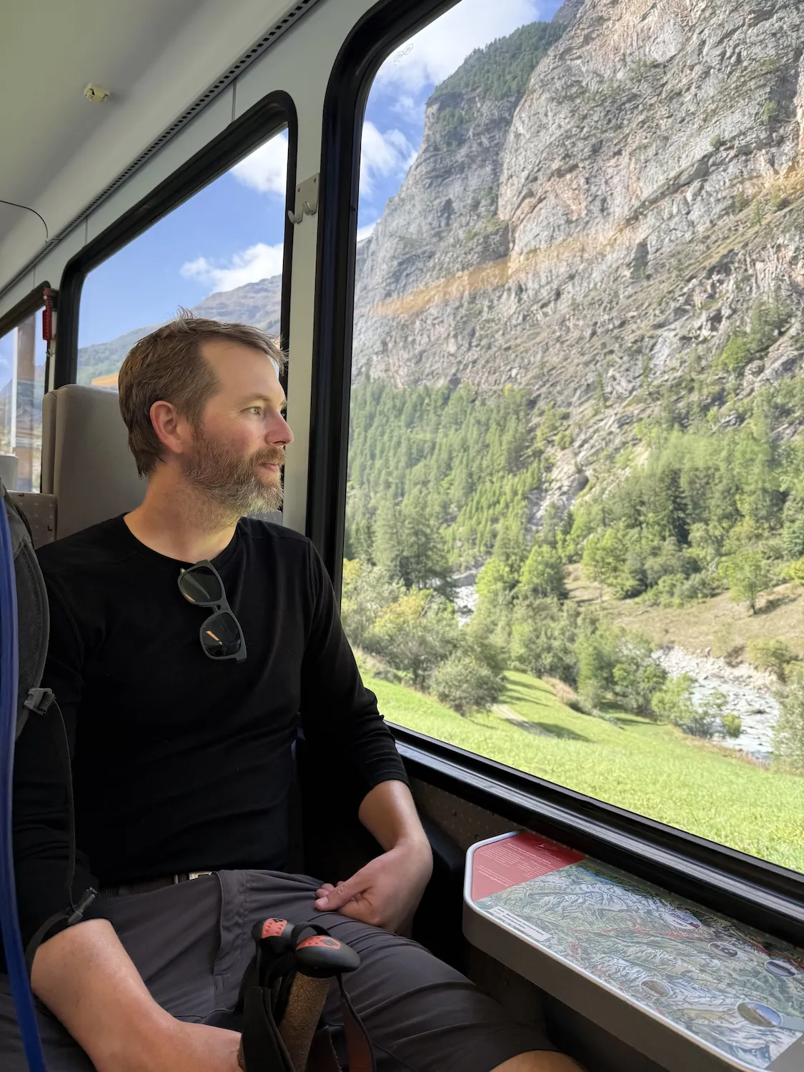 Man on train with green views