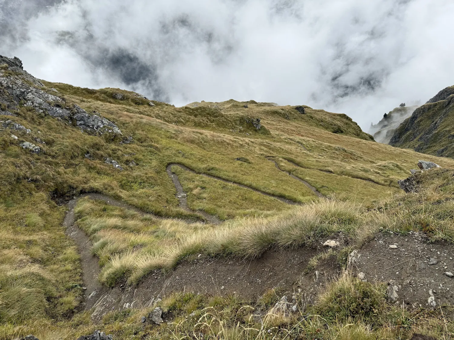 Zig zag path down a steep hill