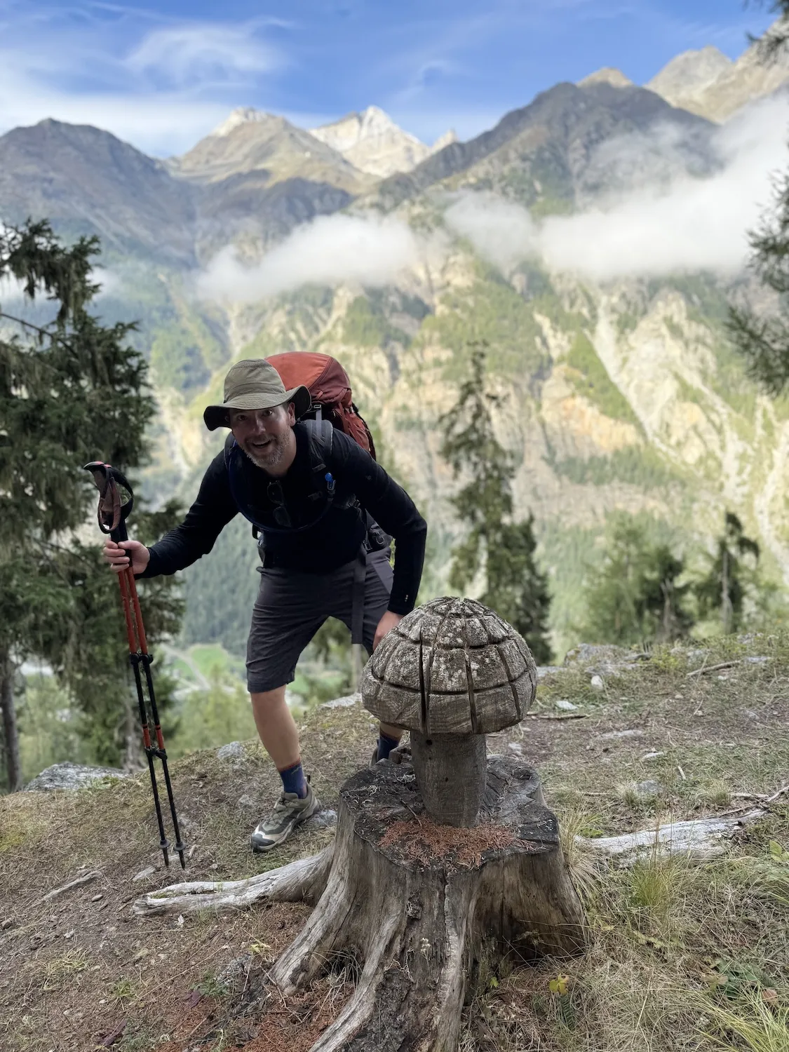 Man next to wooden mushroom